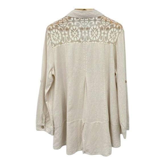 Simply Noelle Linen-Blend Roll-Tab Sleeve Lace Shoulder Button Shirt Size Medium - Picture 3 of 15